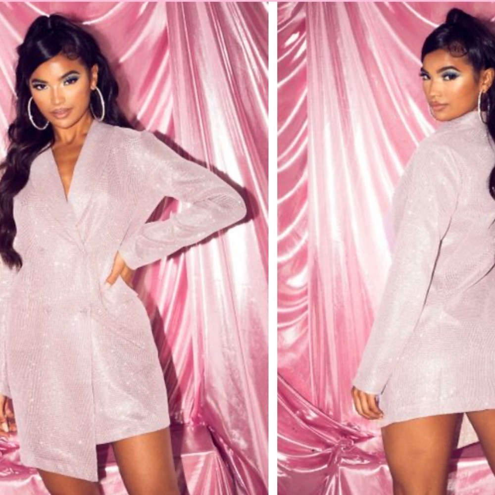 Pink Glitter Detailed Asymmetric Hem Blazer Dress